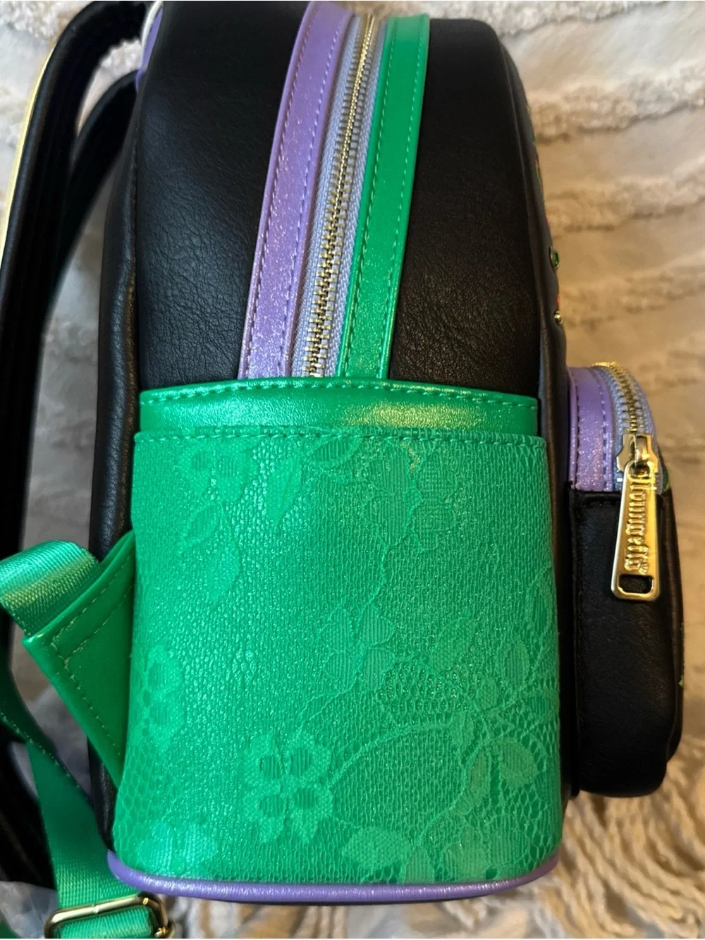Loungefly Wicked Floral Embroidered Mini Backpack Black Purple Green Gold Zip
